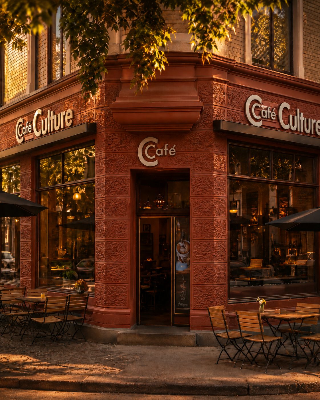 CaféCulture Köln — Eckansicht an der Neusser Straße im warmen Abendlicht